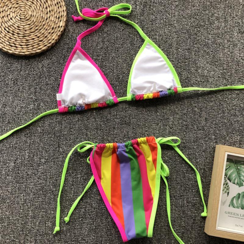 Skip to the end of the images gallery Skip to the beginning of the images gallery Colorful stripe print padded halter-neck bandage sexy hot two-piece micro bikini - Kevisse